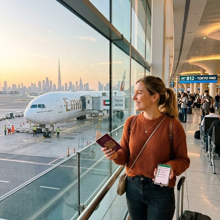 A girl standing in airport for travel after filling japan visa application form