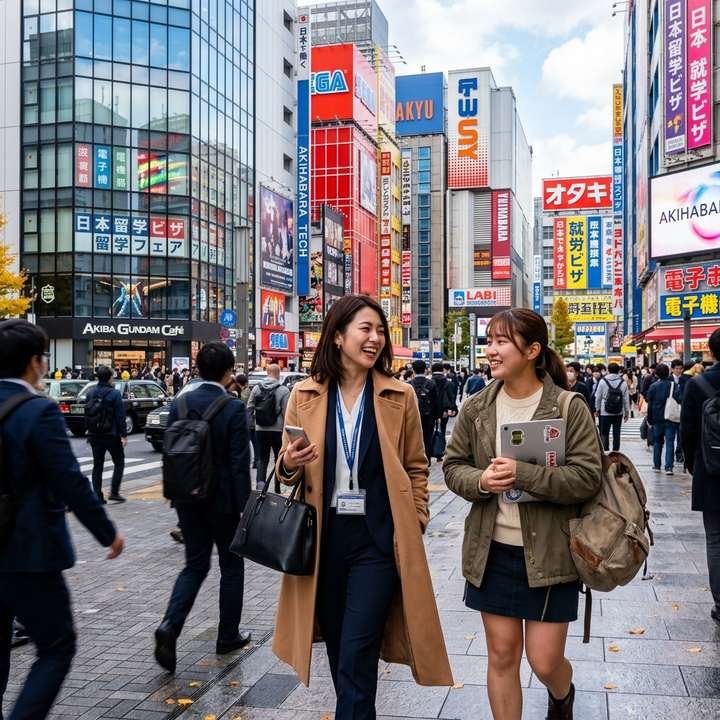 Two colleagues talking on a street in Japan after obtaining Working visa of Japan