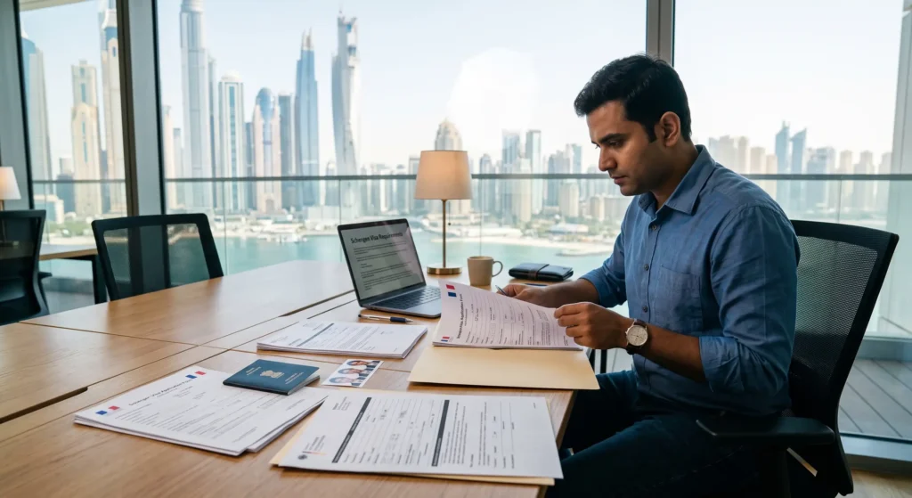 Dubai traveler preparing documents for a Schengen visa application
