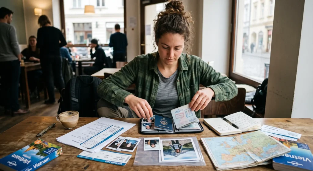 Traveler organizing passport, photographs and supporting documents
