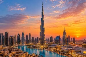 Beautiful sunset view of the Burj Khalifa and the Dubai skyline, one of the best places to visit in Dubai.