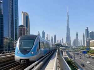 The modern Dubai Metro train traveling on an elevated track with the city skyline and Burj Khalifa in the background