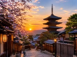 Traditional Yasaka Pagoda and historic street in Kyoto Japan at sunset