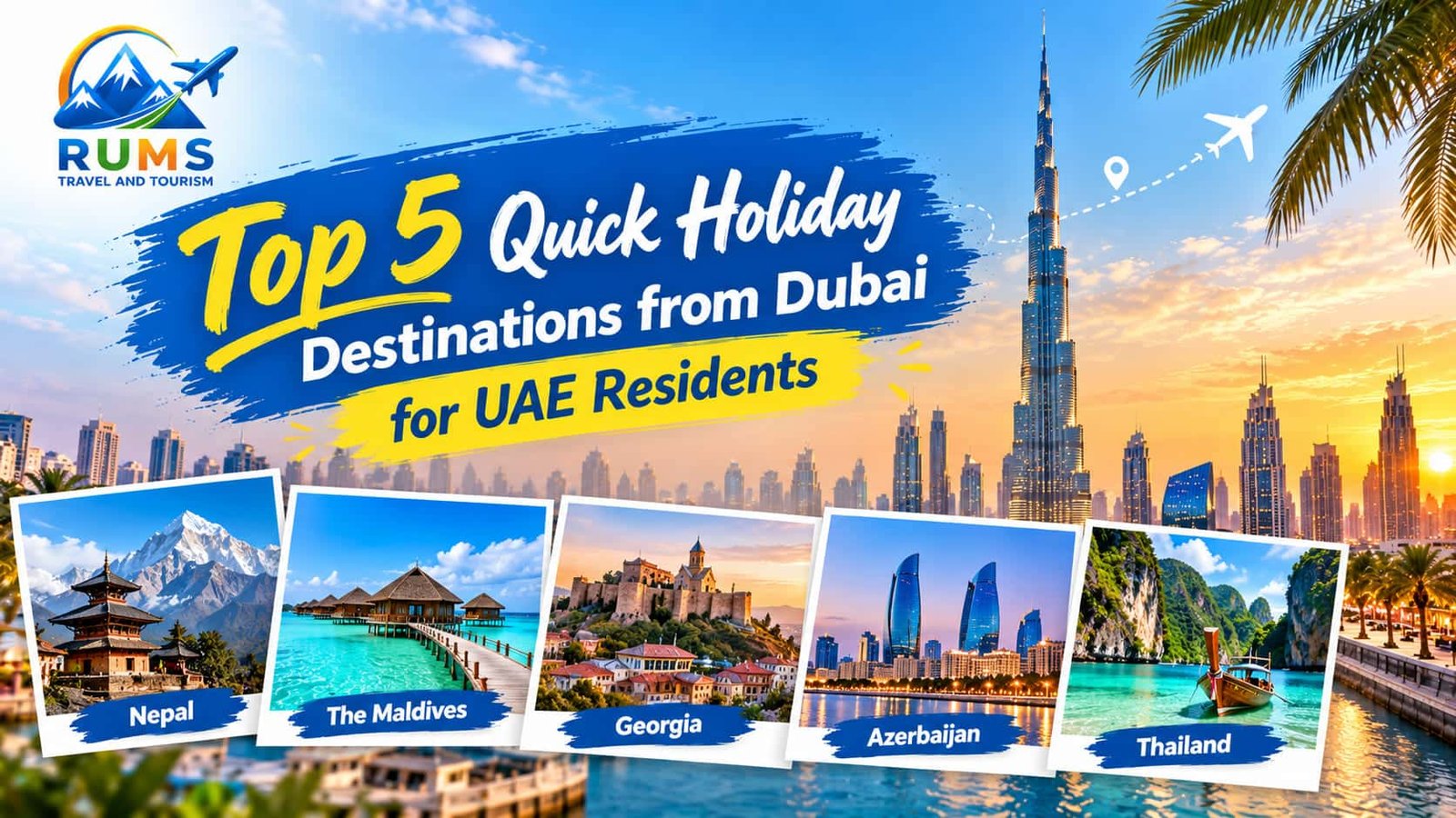 Top 5 quick holiday destinations from Dubai for UAE residents banner showing travel spots under 4 to 6 hours