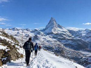 Hikers walking towards snow-capped mountains in the Swiss Alps