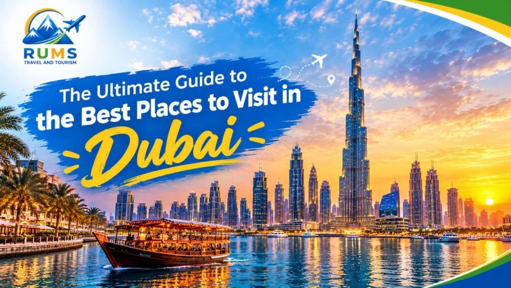 The Ultimate Guide to the Best Places to Visit in Dubai banner featuring a traditional dhow boat and the city skyline at sunset.